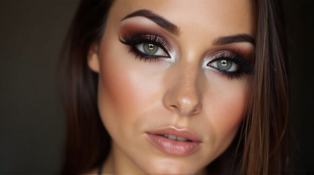 Close-up portrait of a woman with brown hair and dramatic eye makeup