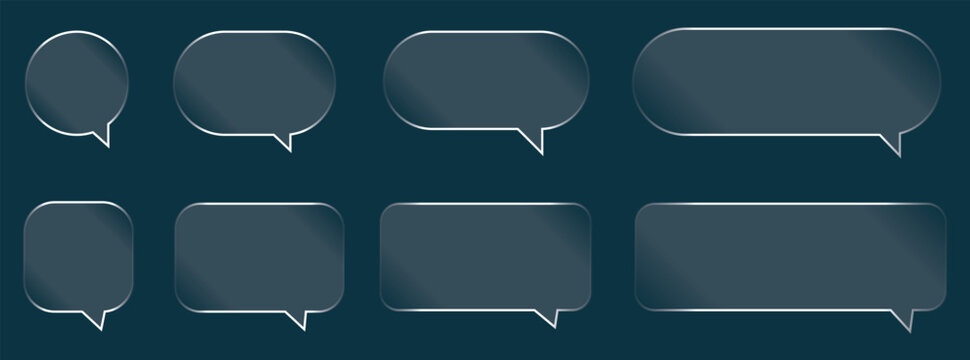 Glass morphism speech bubbles icon vector. Transparent glass morphism speech bubbles set with glowing white borders. 3d transparent glass speech bubble set in gradient geometric pattern .