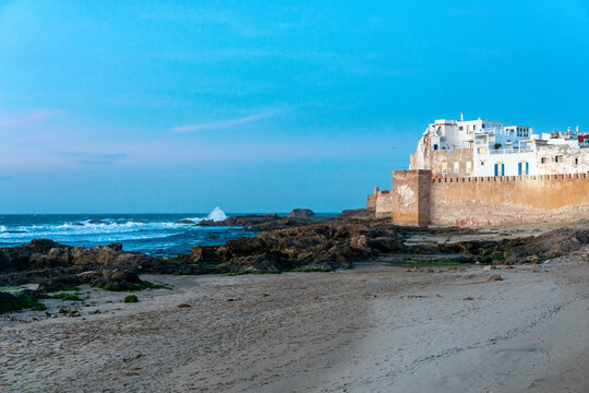 Fortified walls of Essaouira Morocco at dusk