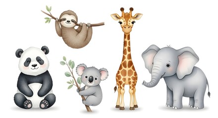 Fototapeta premium Cute Watercolor Baby Animals Collection for Kids.