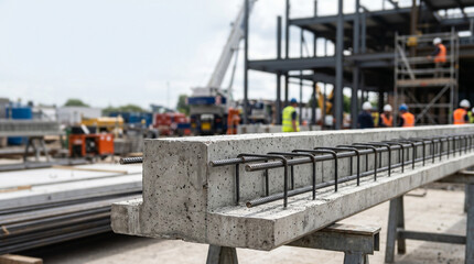 Naklejka premium Reinforced concrete beam with steel rebar in construction site under bright daylight