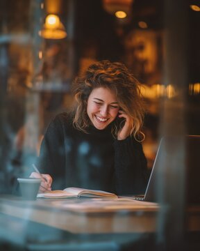 A young woman with curly hair smiles while talking on the phone and writing in a notebook, sitting in a cozy cafe with warm lighting.