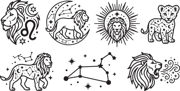 Set of black and white line art illustrations featuring majestic lion motifs and zodiac constellations for modern graphic design projects