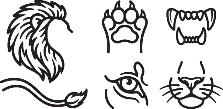 Collection of stylized lion icons featuring a mane paw print sharp fangs intense eye and nose in a clean design