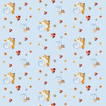 Cute cat autumn seamless pattern with maple leaves