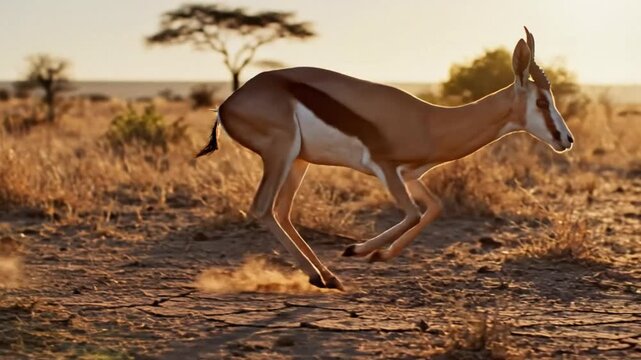 Springbok gazelle running and leaping across the African savanna landscape during golden hour sunlight