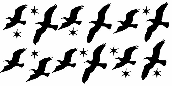 flying bird silhouettes with stars black on white background