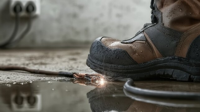 Close-up of protective boot stepping on exposed electric wire sparking on wet concrete floor creating hazard and risk of electrocution accident in industrial environment