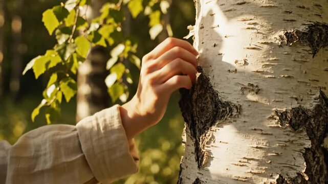Hand touching the textured white bark of a birch tree in a peaceful forest with sunlight highlighting the details