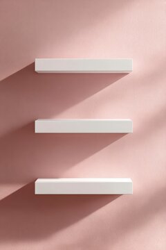 Three empty white floating shelves mounted on a textured pastel pink wall, soft morning sunlight casting diagonal shadows.