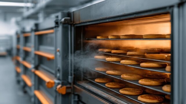 Industrial bakery oven with multiple rows of round bread baking on conveyor trays producing steam in a large commercial baking facility