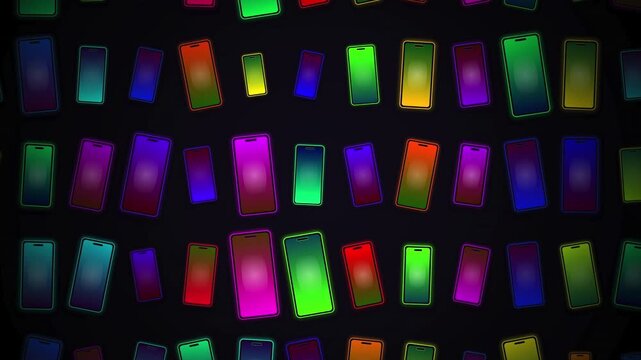 glowing neon smartphone screens abstract technology background with colorful mobile devices, futuristic colorful phone pattern with vibrant neon glow digital tech backdrop 4k