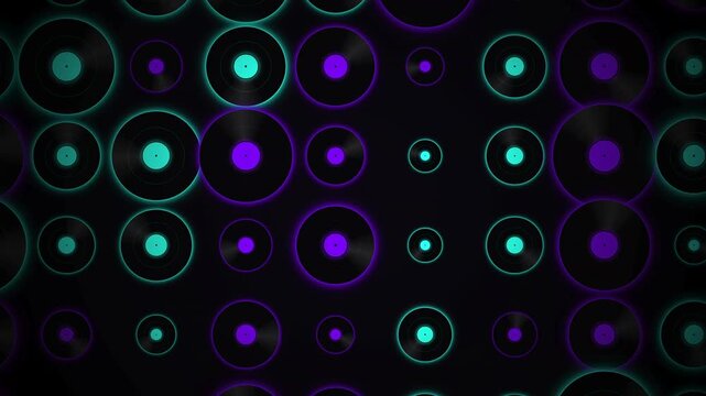 glowing neon vinyl records abstract background with futuristic purple and cyan lighting, futuristic spinning vinyl disc pattern with retro neon glow aesthetic music backdrop 4k
