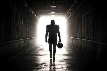 Fototapeta premium A lone American football player in silhouette walks through a dark tunnel towards a bright light, holding his helmet, symbolizing determination and the path to the field.