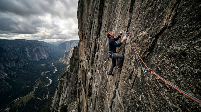 Rock climber scaling cliff wall
