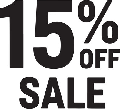 Bold black 15% off sale announcement on white background, also transparent background, 15 percent off discount