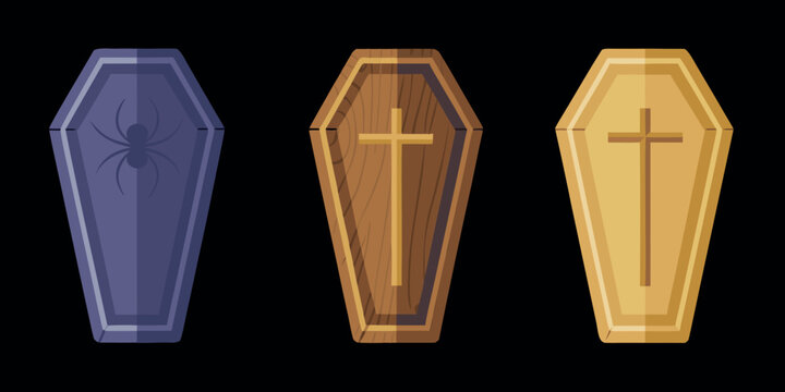 Stylized coffins illustration set on black background