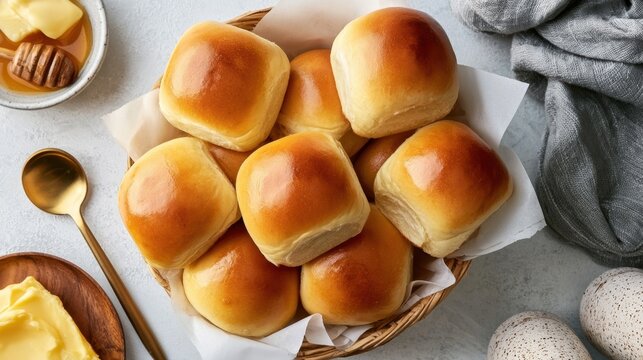 Freshly baked golden soft bread roll in woven basket with pats of butter and honey on white surface for breakfast or snack meal