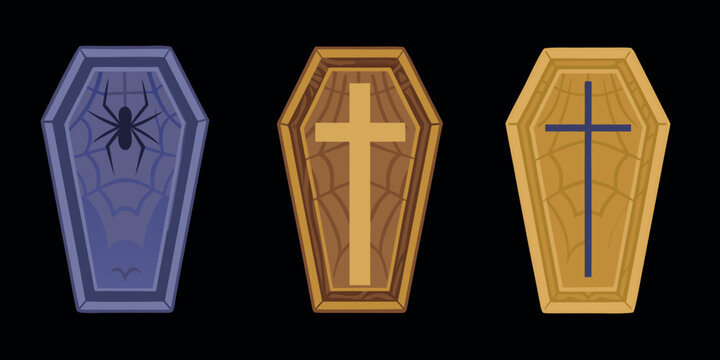 Stylized coffins with halloween decorations top down view isolated on black