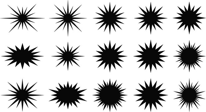Black Starburst Burst Icon Set with Pointy Zigzag Borders and Geometric Retro Star Shapes for Comic Pop Art Marketing Promotions