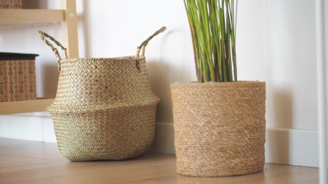 Decorative baskets and plant in a simple room