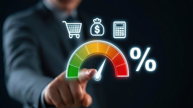 Businessman pointing at colorful percentage gauge with shopping cart money bag and calculator icons illustrating financial growth calculation concept