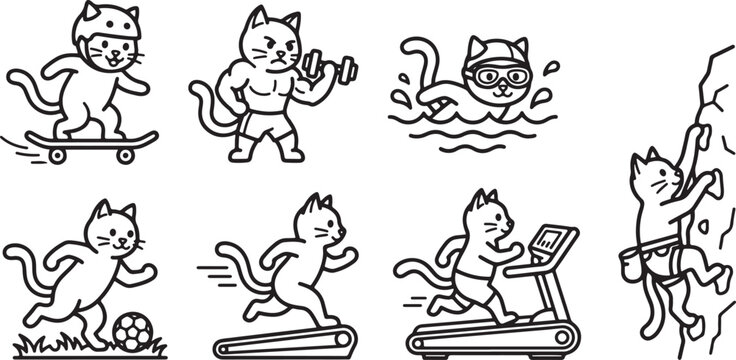 Cute cartoon cat characters engaging in various fun athletic sports activities like skateboarding swimming running and climbing in this image