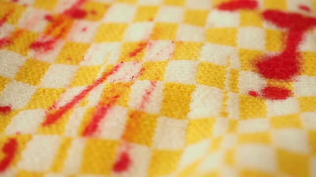 Blood stains on yellow checkered cloth in kitchen area