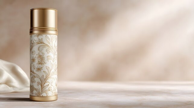A luxurious gold cylindrical object rests on a smooth surface with soft cream fabric emphasizing elegant texture and high end product presentation