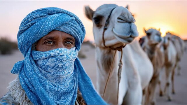 A person with a blue patterned head covering embodies desert tradition, leading a string of camels through the vast arid landscape under the warm glow of an enduring golden hour