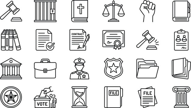 Law and justice line icon set featuring gavel scales court building prison contract documents and police symbols