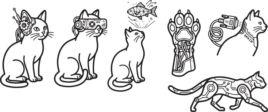 A collection of various outline style illustrations featuring futuristic robotic cats with mechanical parts and digital technology interface design elements