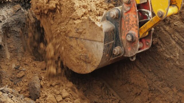 Excavator bucket at work digging a trench in clay soil, earthmoving equipment for construction or mining.