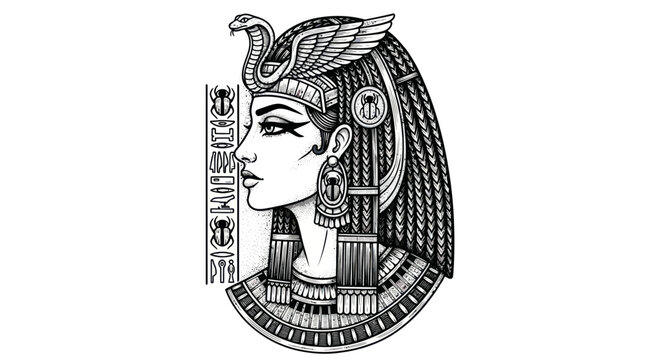 Ancient Egyptian Queen Cleopatra Profile with Hieroglyphs and Cobra Headdress