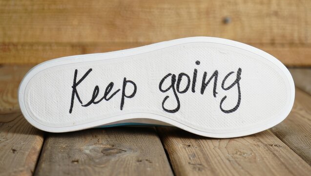 Motivational message 'Keep Going' written on shoe sole