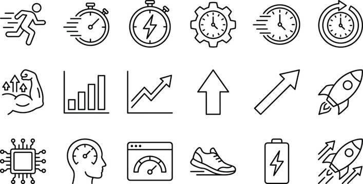 Performance and speed optimization line icon set featuring rocket runner stopwatch charts energy and productivity symbols
