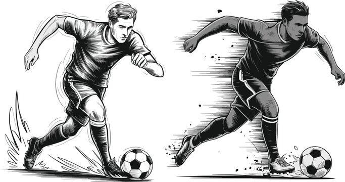 Soccer Football Player Hand Drawn Vector Sketch Set Featuring Athletes Running Dribbling Ball with Motion Lines for Sports Graphic Designs