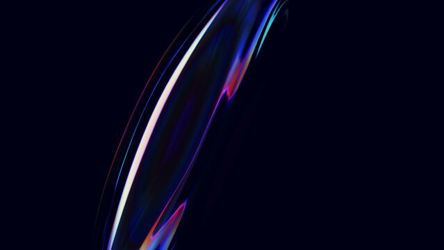 Abstract iridescent shape rotating on a black background showing light dispersion and reflection