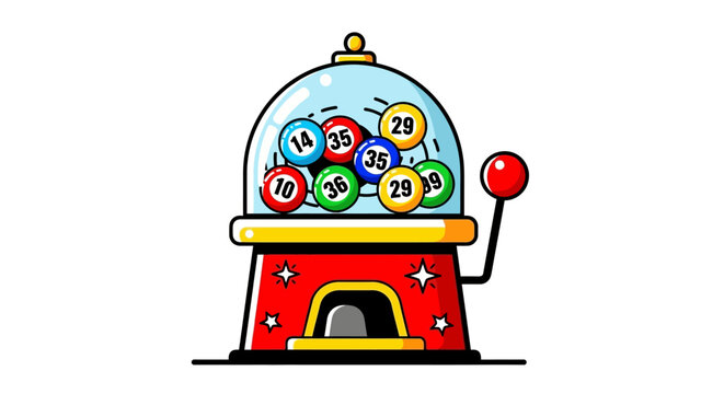A bright and colorful illustration of a classic lottery or bingo machine filled with numbered balls ready for a draw