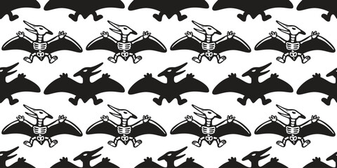 pteranodon seamless pattern flying dinosaur fossil bone skeleton cartoon Pterosaurs vector halloween doodle illustration wrapping paper tile background repeat wallpaper scarf isolated design © CNuisin