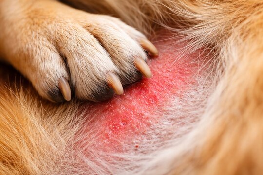 Dog paw scratching an inflamed red skin area on its body. Pet suffering from allergic reaction or skin infection. Veterinary health concept for professional animal medical care.