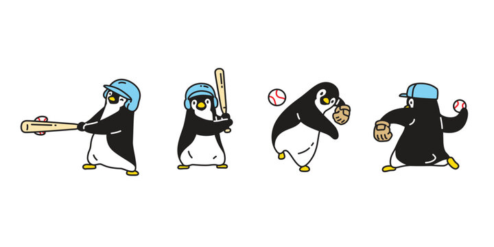 penguin vector baseball player softball sport cartoon character icon bird logo doodle illustration symbol design isolated
