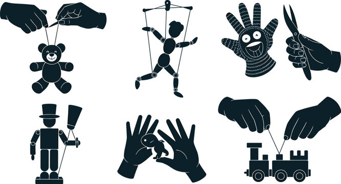 Puppet and Toy Making Silhouette Icon Set Featuring Marionettes, Hand Puppets, Wooden Toys, and Crafting Hands for Artisan Workshop Designs