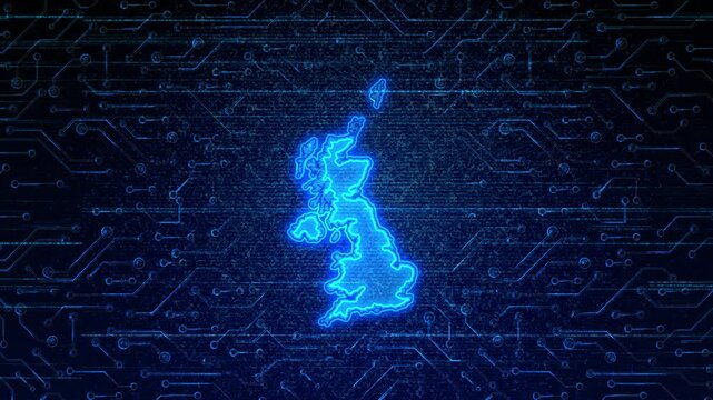 4K Resolution, United Kingdom Country Digital Electric Futuristic Technology Map, Suitable for Tech events, Science, Politics, Elections, News and Sports Events