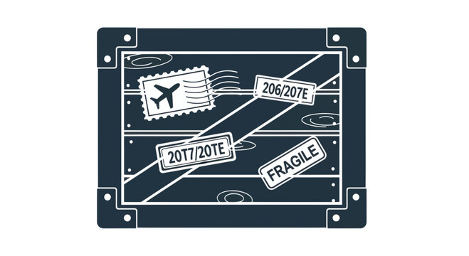Shipping Crate Icon: Airplane Stamp, Fragile Label, Logistics Symbols
