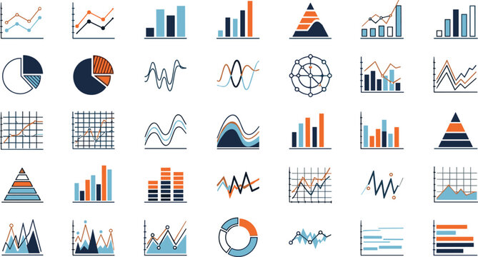Business data analytics graph icon set featuring blue and orange financial charts statistics bars and pyramids