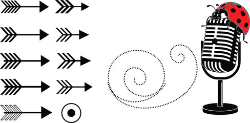 Creative vector design elements featuring tribal arrows dotted spiral trail and vintage microphone with a red ladybug © Lipi