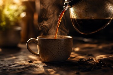 Fototapeta premium Aromatic hot coffee being poured from a glass carafe into a ceramic mug, steam rising in the warm morning sunlight.