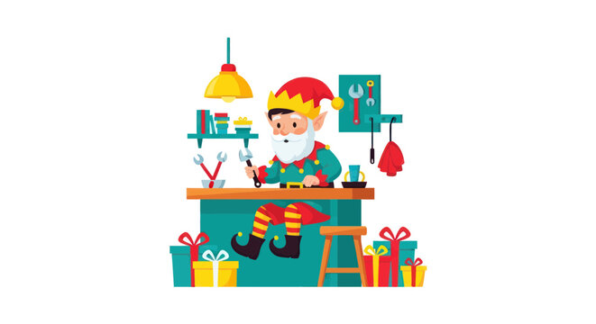 Christmas Elf Workshop Making Toys, Santa's Helper Building Gifts