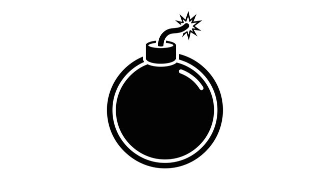 Explosive Bomb Icon, Danger Symbol, Black Silhouette on White Background